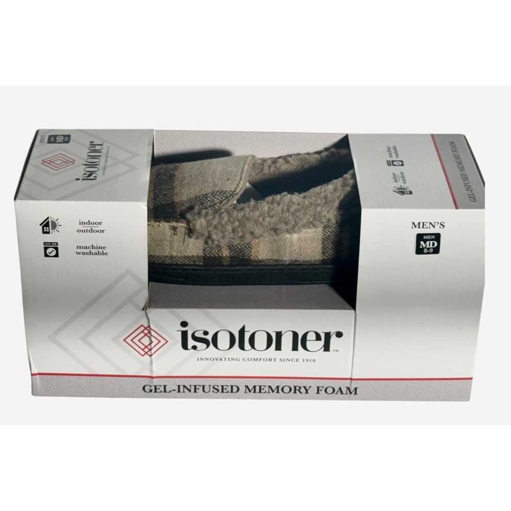 Isotoner Memory Foam Slippers moccasin Eco Comfort Plaid Dark Chocolate M 8-9